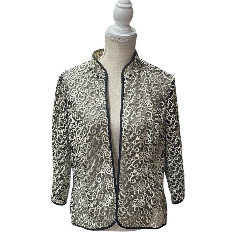 Alex Evenings Sheer Black Gold Lace Evening Cover Up Jacket Women size L Petite